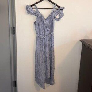 BP. Blue and White Stripe Cold Shoulder Strap Ruffle Dress Midi Size S